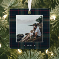 Elegant Navy Blue and Green Plaid Photo Christmas