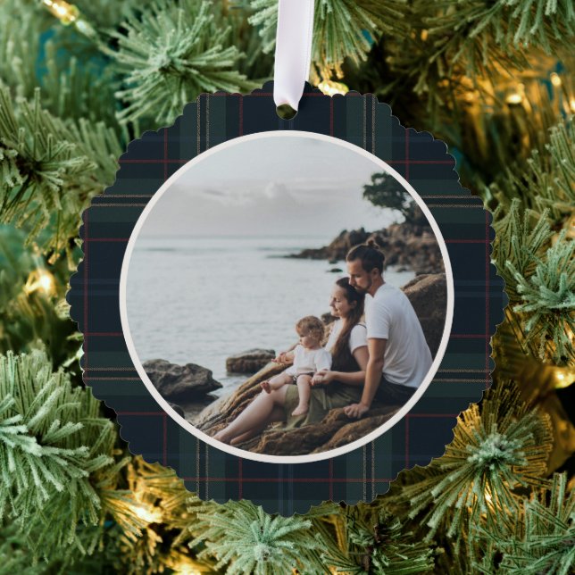 Elegant Navy Blue and Green Plaid Photo Christmas Tree Decoration Card (Insitu (Tree))