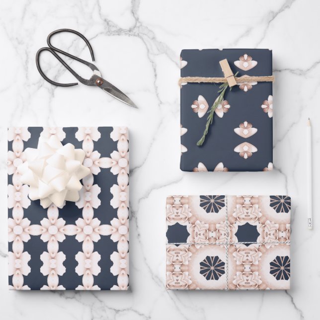 Elegant Navy Blue and Light Pink Floral Pattern Wrapping Paper Sheet (Front)