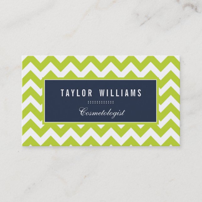 Elegant, Navy Blue and Lime Green Chevron Business Card (Front)