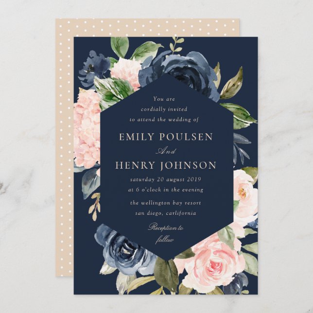 elegant navy blue and pink blush blooms wedding invitation (Front/Back)