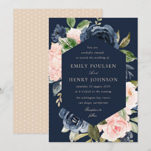 elegant navy blue and pink blush blooms wedding invitation