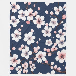 Elegant Navy Blue and Pink Cherry Blossom Pattern Fleece Blanket