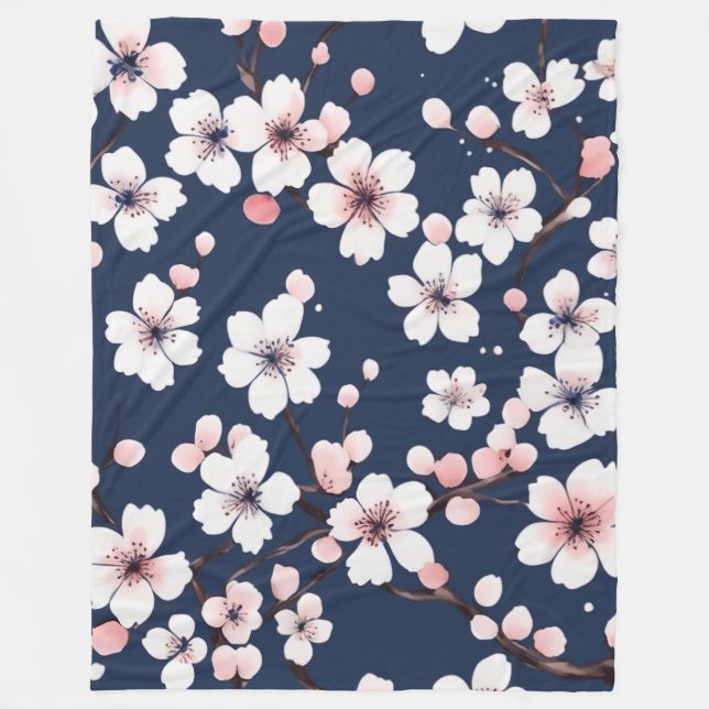 Elegant Navy Blue and Pink Cherry Blossom Pattern Fleece Blanket (Front)