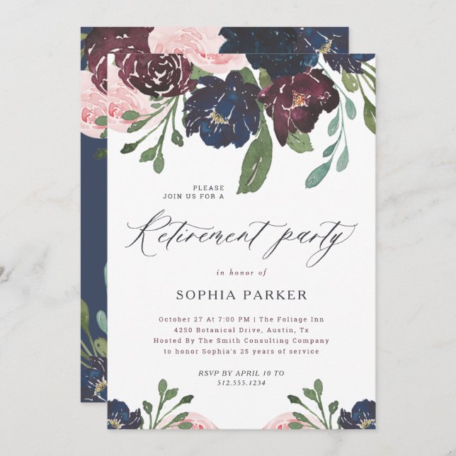 Elegant Navy Blue and Plum Floral Retirement Party Invitation (Front/Back)
