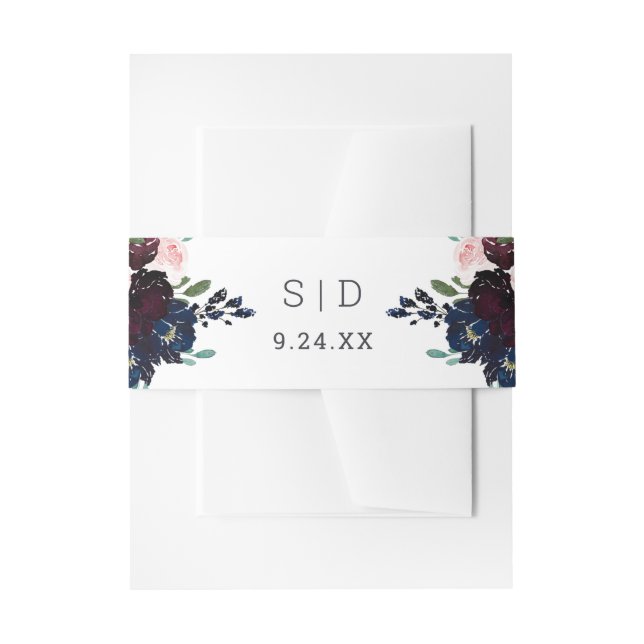 Elegant Navy Blue and Plum Floral | Wedding Invitation Belly Band (Front Example)