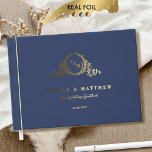 Elegant Navy Blue and Real Foil Monogram Wedding Guest Book<br><div class="desc">Personalise this elegant monogrammed wedding guestbook featuring real gold, silver, or rose gold foil on exquisite monogram and front, spine, and back text. Navy blue cover background colour in luxurious velvety-soft texture, and beautiful modern calligraphy details in a clean, minimal, and sleek style. Three size options with three inside paper-type...</div>