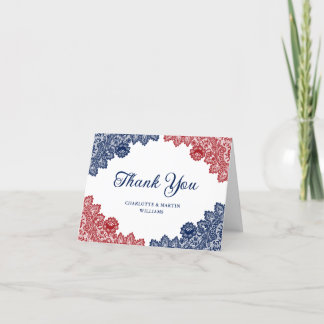 Elegant Navy Blue and Red Floral Lace Wedding Thank You Card