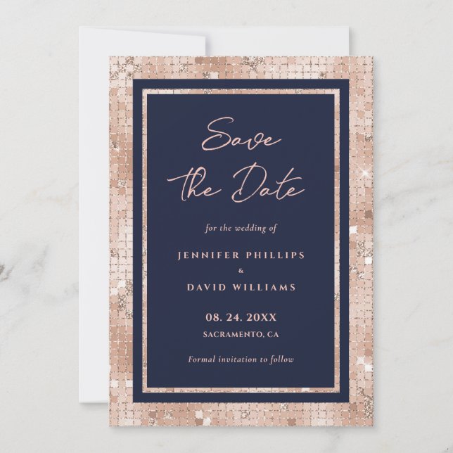 Elegant Navy Blue and Rose Gold Glitter Wedding Save The Date (Front)