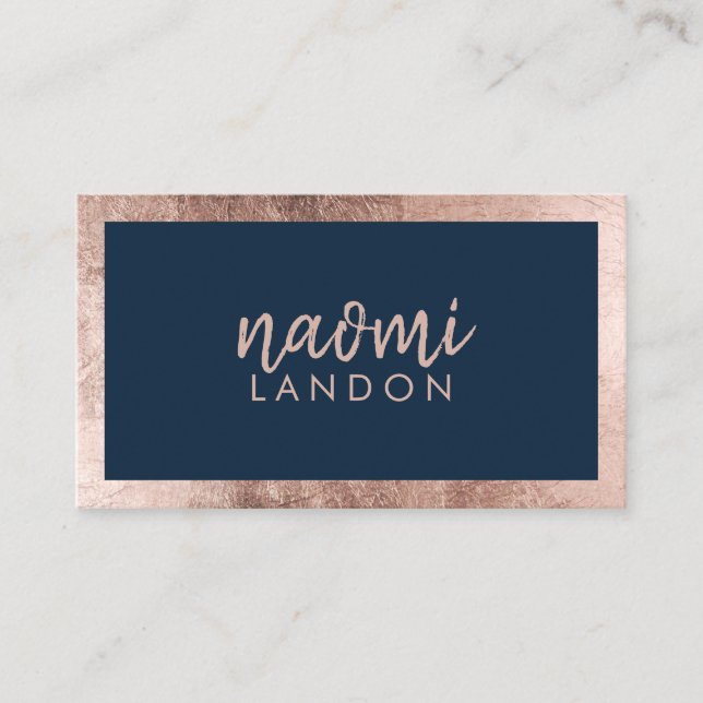 Elegant navy blue and rose gold modern minimalist business card (Front)