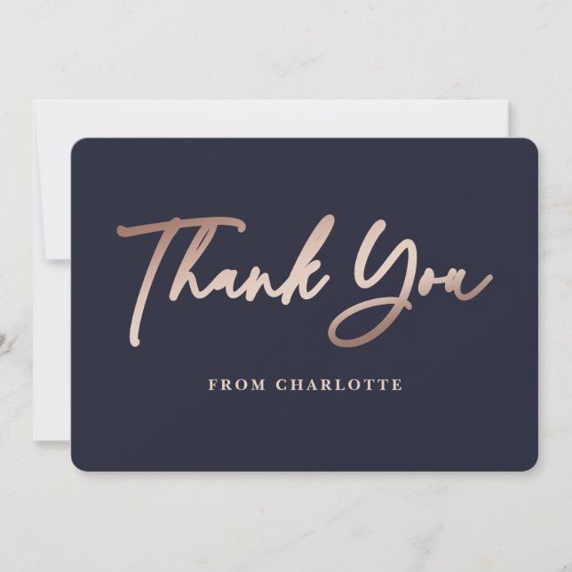 Elegant Navy Blue and Rose Gold Thank You Card (Front)