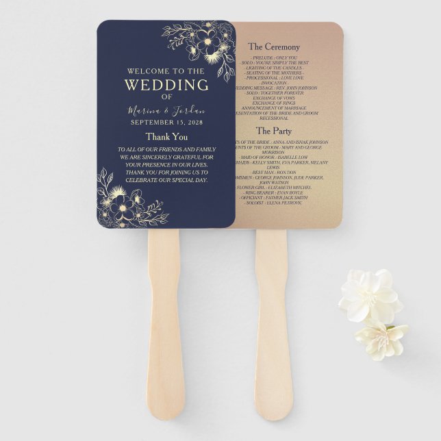 Elegant Navy Blue and Rose Gold Wedding Program Hand Fan (Front and Back)
