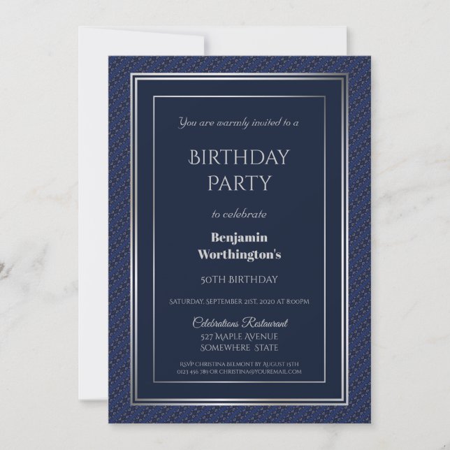 Elegant Navy Blue and Silver 50th Birthday Party Invitation (Front)
