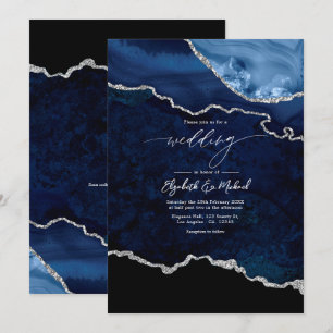 Elegant Navy Blue and Silver Agate Wedding QR Code Invitation