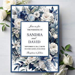 Elegant Navy Blue and Silver  Ivory Floral Wedding Invitation