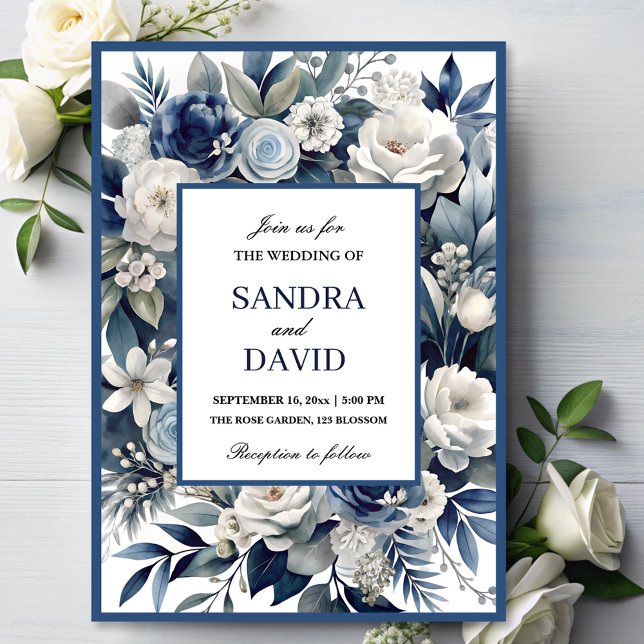 Elegant Navy Blue and Silver  Ivory Floral Wedding Invitation (Creator Uploaded)