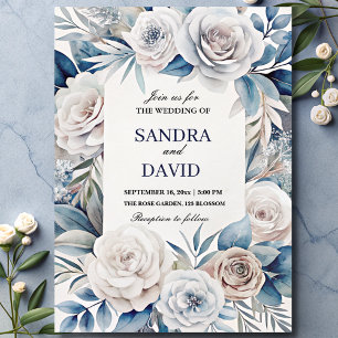 Elegant Navy Blue and Silver  Ivory Floral Wedding Invitation
