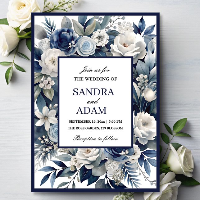 Elegant Navy Blue and Silver  Ivory Floral Wedding Invitation (Creator Uploaded)