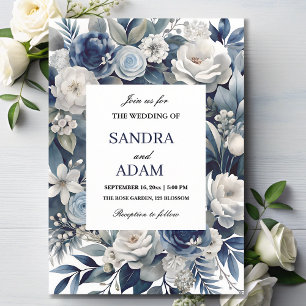 Elegant Navy Blue and Silver  Ivory Floral Wedding Invitation