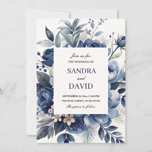 Elegant Navy Blue and Silver  Ivory Floral Wedding Invitation (Front)