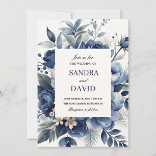 Elegant Navy Blue and Silver  Ivory Floral Wedding Invitation