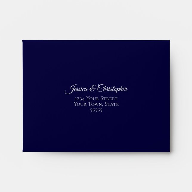 Elegant Navy Blue and Silver Lace Wedding RSVP Envelope (Front)