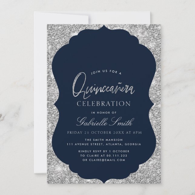 Elegant navy blue and silver Quinceanera Invitation (Front)