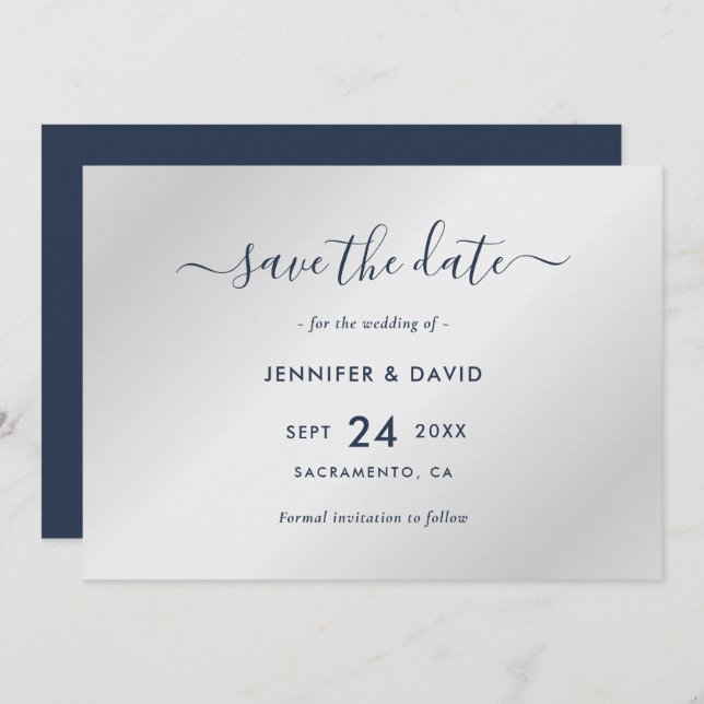 Elegant Navy Blue and Silver Wedding Save The Date (Front/Back)