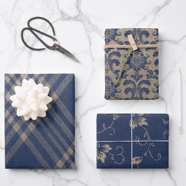 Elegant Navy Blue and Tan Wrapping Paper Sheet (Front)