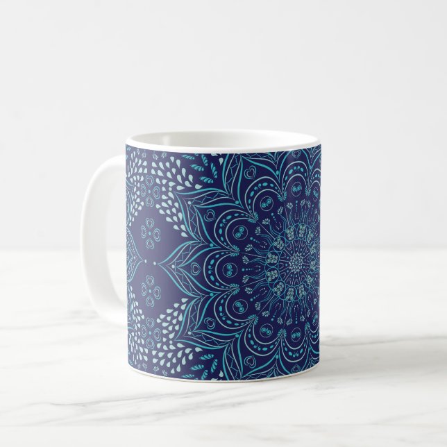 Elegant Navy Blue and Teal Mandala Pattern Mugs (Front Left)