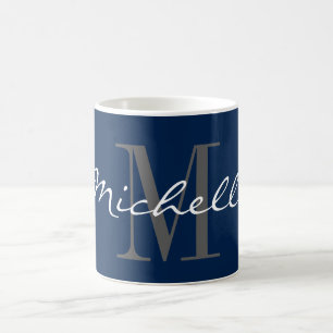 Elegant navy blue and white custom name monogram coffee mug