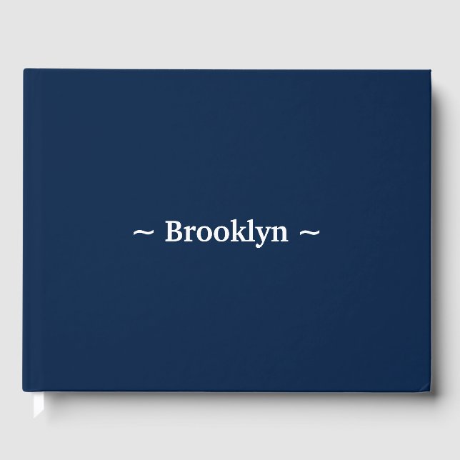 Elegant navy blue and white custom name text guest book (Front)