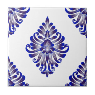 Elegant Navy Blue And White Damask Pattern Ceramic Tile