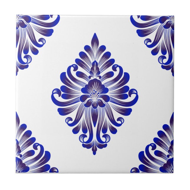 Elegant Navy Blue And White Damask Pattern Ceramic Tile (Front)