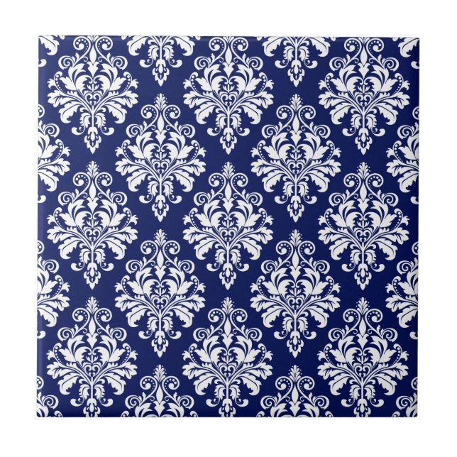Elegant Navy Blue and White Damask Pattern Ceramic Tile (Front)
