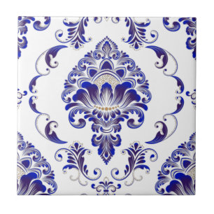 Elegant Navy Blue And White Damask Pattern  Ceramic Tile