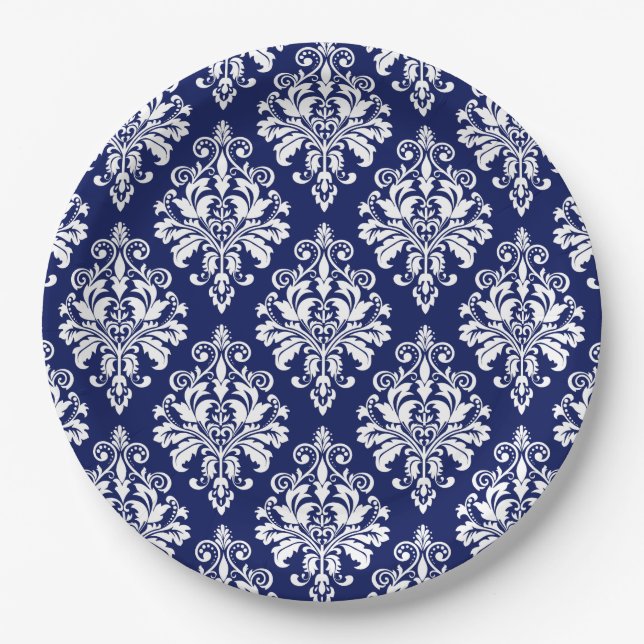Elegant Navy Blue and White Damask Pattern Paper Plate (Front)