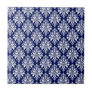 Elegant Navy Blue and White Damask Pattern Tile