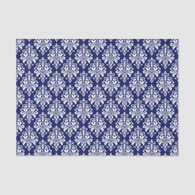 Elegant Navy Blue and White Damask Pattern Tissue Paper (Front)