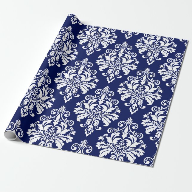 Elegant Navy Blue and White Damask Pattern Wrapping Paper (Unrolled)