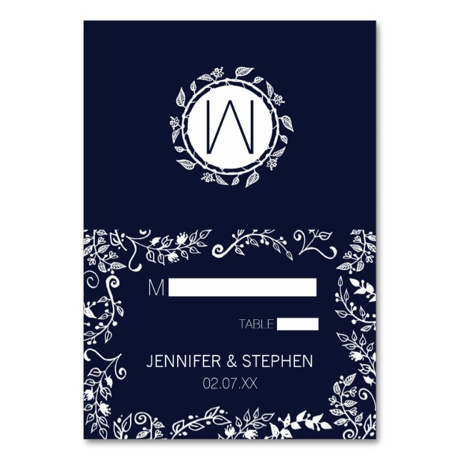 Elegant Navy Blue and White Floral Place Cards (Front)