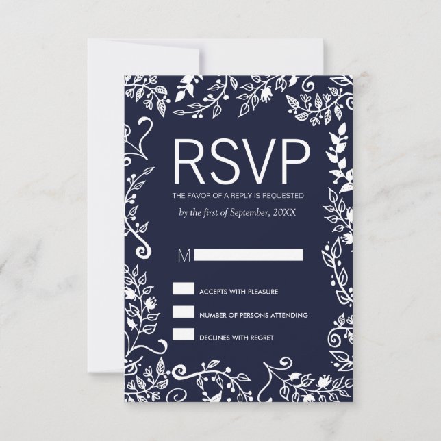Elegant Navy Blue and White Floral RSVP Cards (Front)