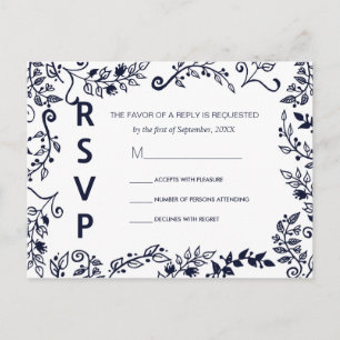 Elegant Navy Blue and White Floral RSVP Postcards