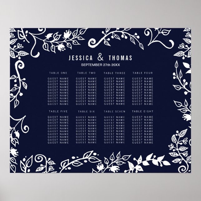 Elegant Navy Blue and White Floral Seating Chart (Front)