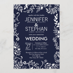 Elegant Navy Blue and White Floral Wedding Invites