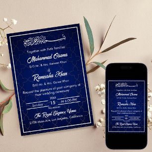  Elegant Navy Blue and White Islamic Wedding Invitation