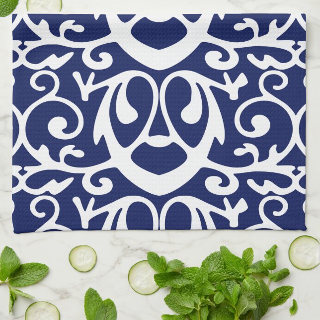 Elegant Navy Blue and White Pattern Kitchen Towels (Folded)