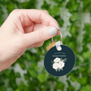 Elegant Navy Blue and White Roses Wedding Key Ring