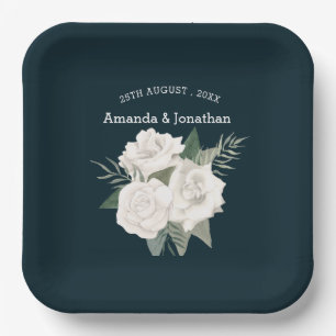 Elegant Navy Blue and White Roses Wedding Paper Plate