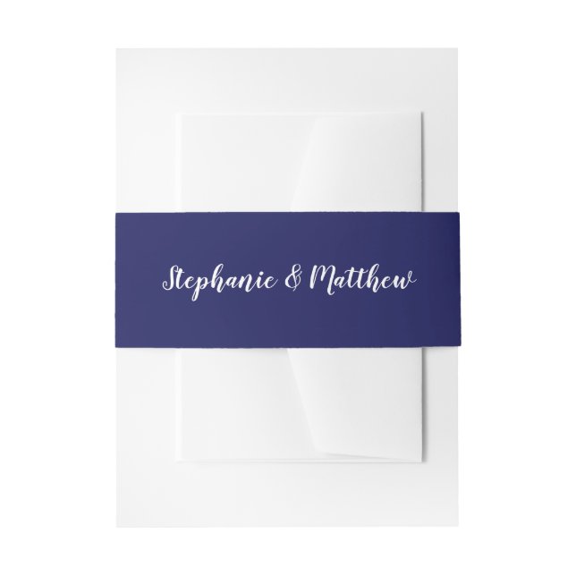 Elegant Navy Blue and White Script Wedding Invitation Belly Band (Front Example)